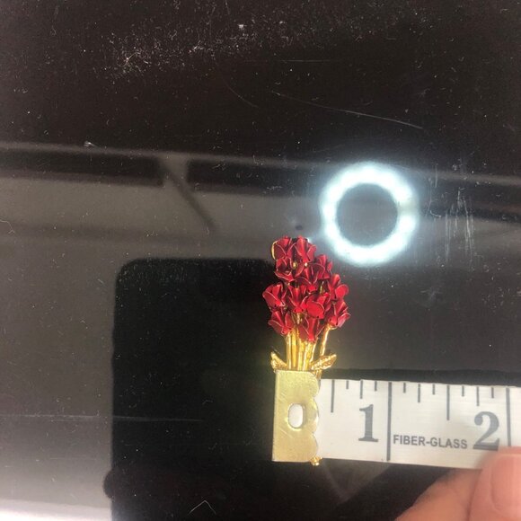 Vintage Red Roses Brooch Pin Metal Gold Toned Jewelry M 12 Valentines Old Money - Picture 7 of 14